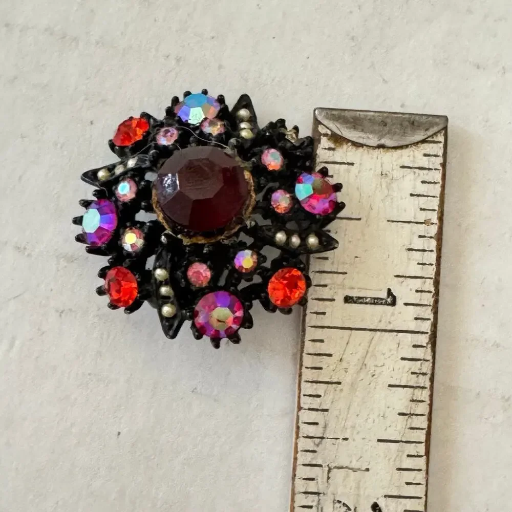 Vintage Black Jet Crystal Choker Necklace Clip Earrings Set Red Rhinestones